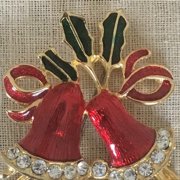 Large Vintage Holiday Pin Enamel & Rhinestone Bells Festive Gold Tone Red & Gree - Picture 7 of 11